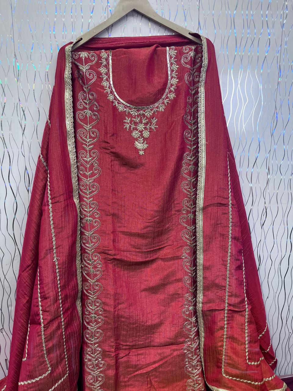 Rust Orange Shimmer Crush Suit | Natural Crape Bottom | Shimmer Dupatta | SK Fabric Designer Kadai Work KwbFashion