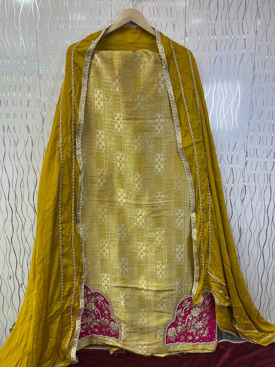 Yellow Khem Kan Brocket Suit | Natural Crape Bottom | Semi Chiffon Dupatta | Full Handwork | Designer SK Fabric KwbFashion
