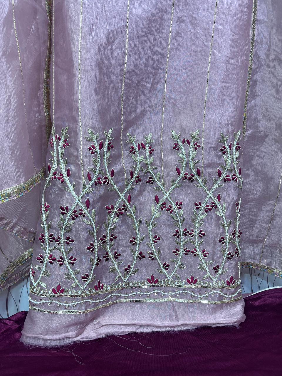 Crush Tissue Handwork Suit | SK Fabric | Satin Silk Bottom | Premium Kadai Work Dupatta KwbFashion