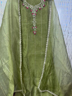 Green Crush Tissue Handwork Suit | SK Fabric | Satin Silk Bottom | Premium Kadai Work Dupatta KwbFashion