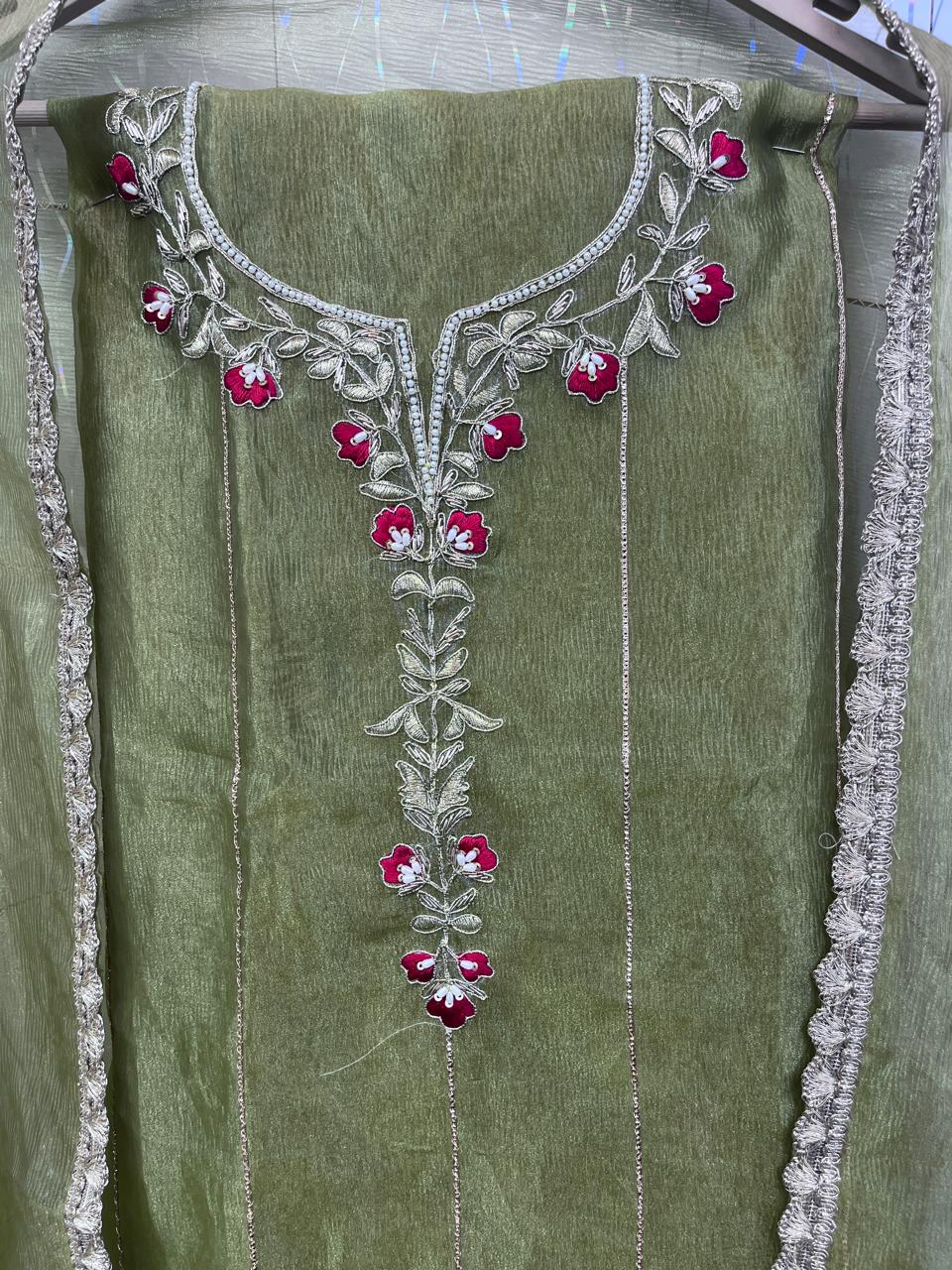 Green Crush Tissue Handwork Suit | SK Fabric | Satin Silk Bottom | Premium Kadai Work Dupatta KwbFashion