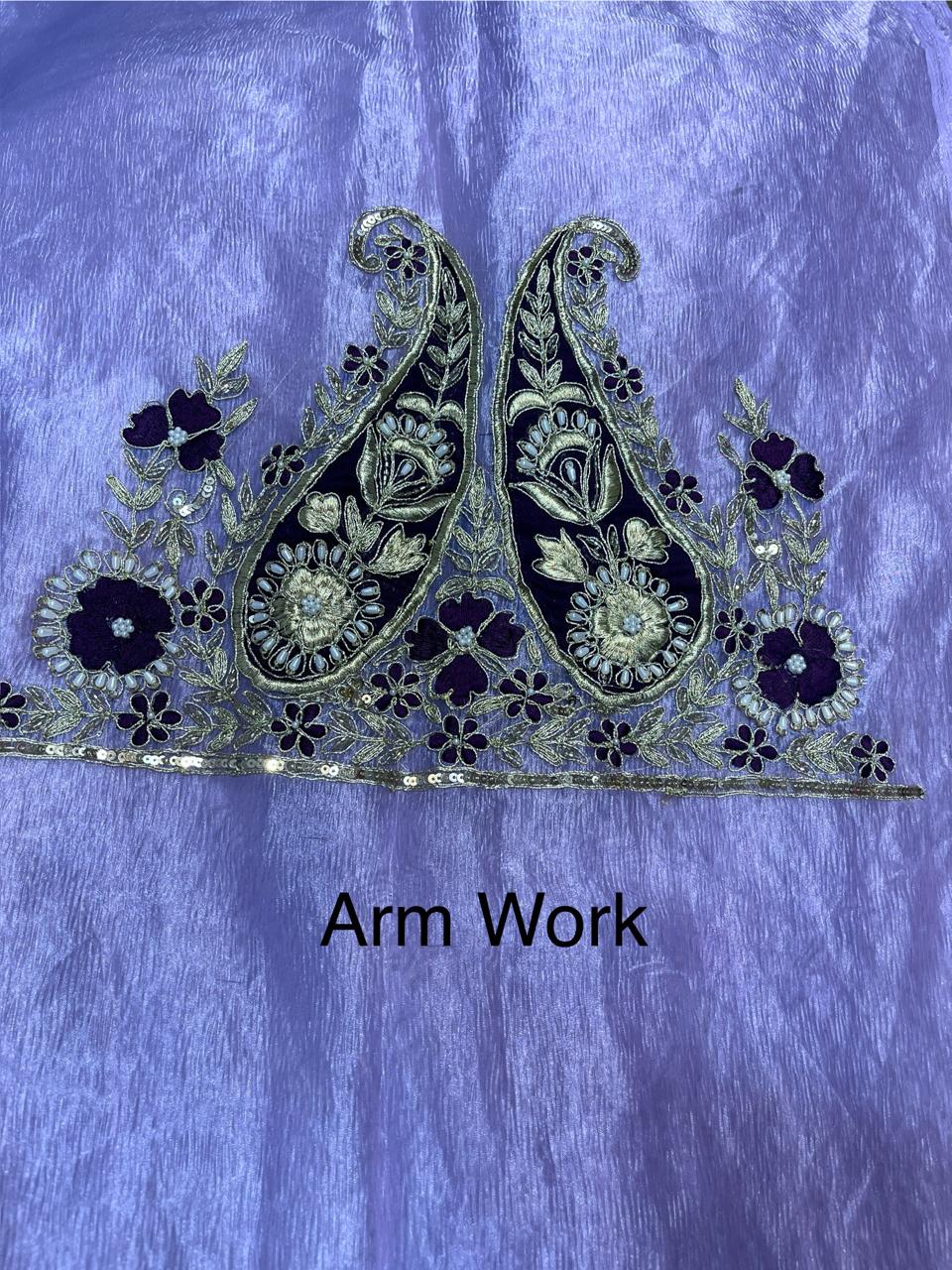Lavender Crush Tissue Handwork Suit | SK Fabric | Satin Silk Bottom | Premium Kadai Work Dupatta KwbFashion
