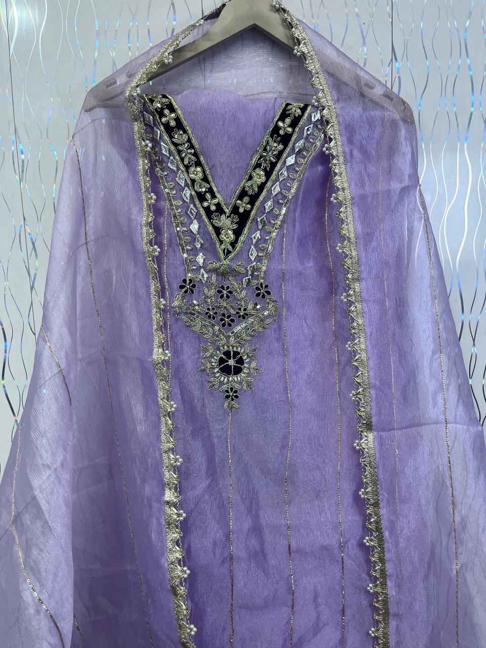 Lavender Crush Tissue Handwork Suit | SK Fabric | Satin Silk Bottom | Premium Kadai Work Dupatta KwbFashion