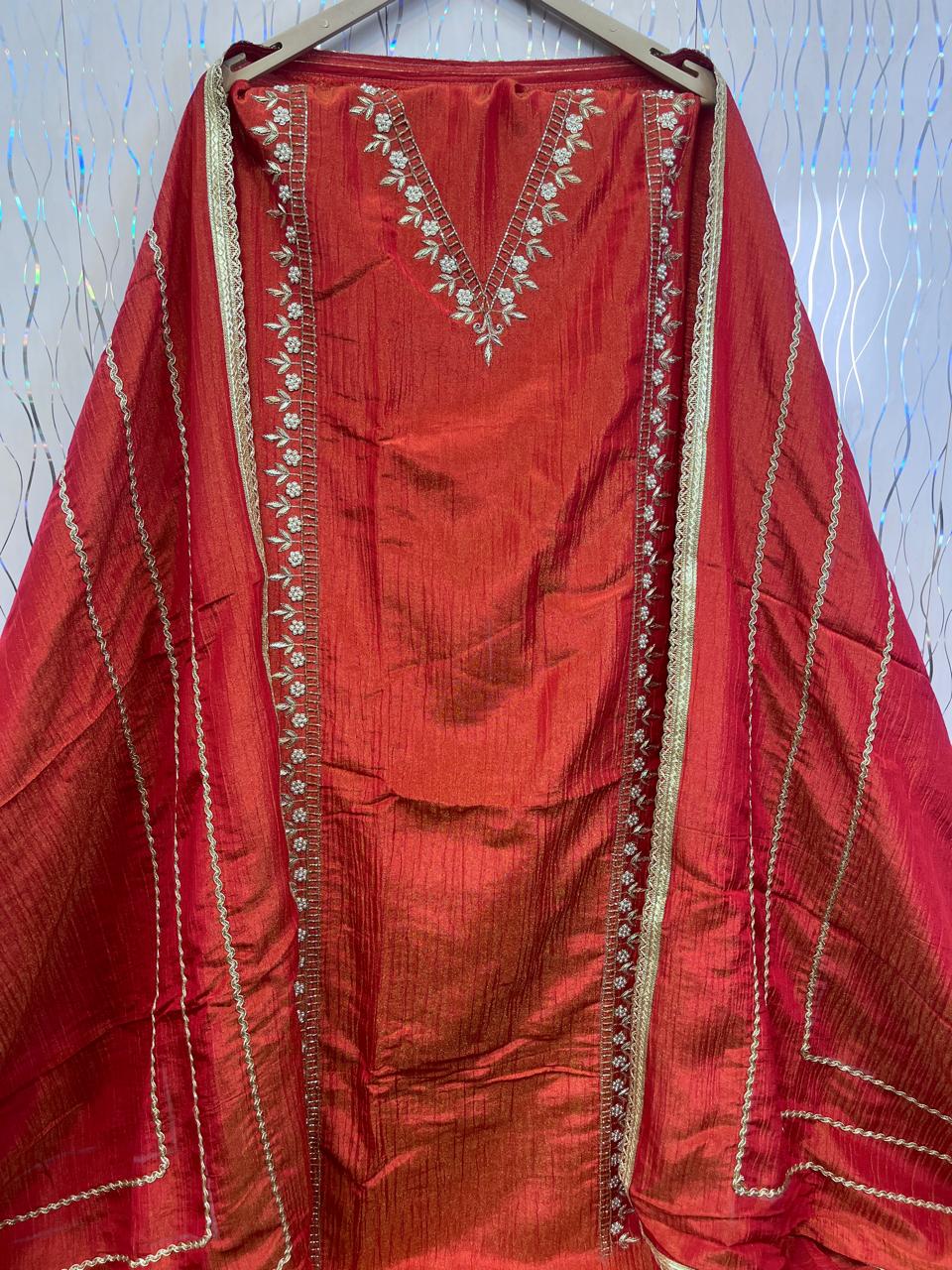 Rust Orange Shimmer Crush Suit | Natural Crape Bottom | Shimmer Dupatta | SK Fabric Designer Kadai Work KwbFashion