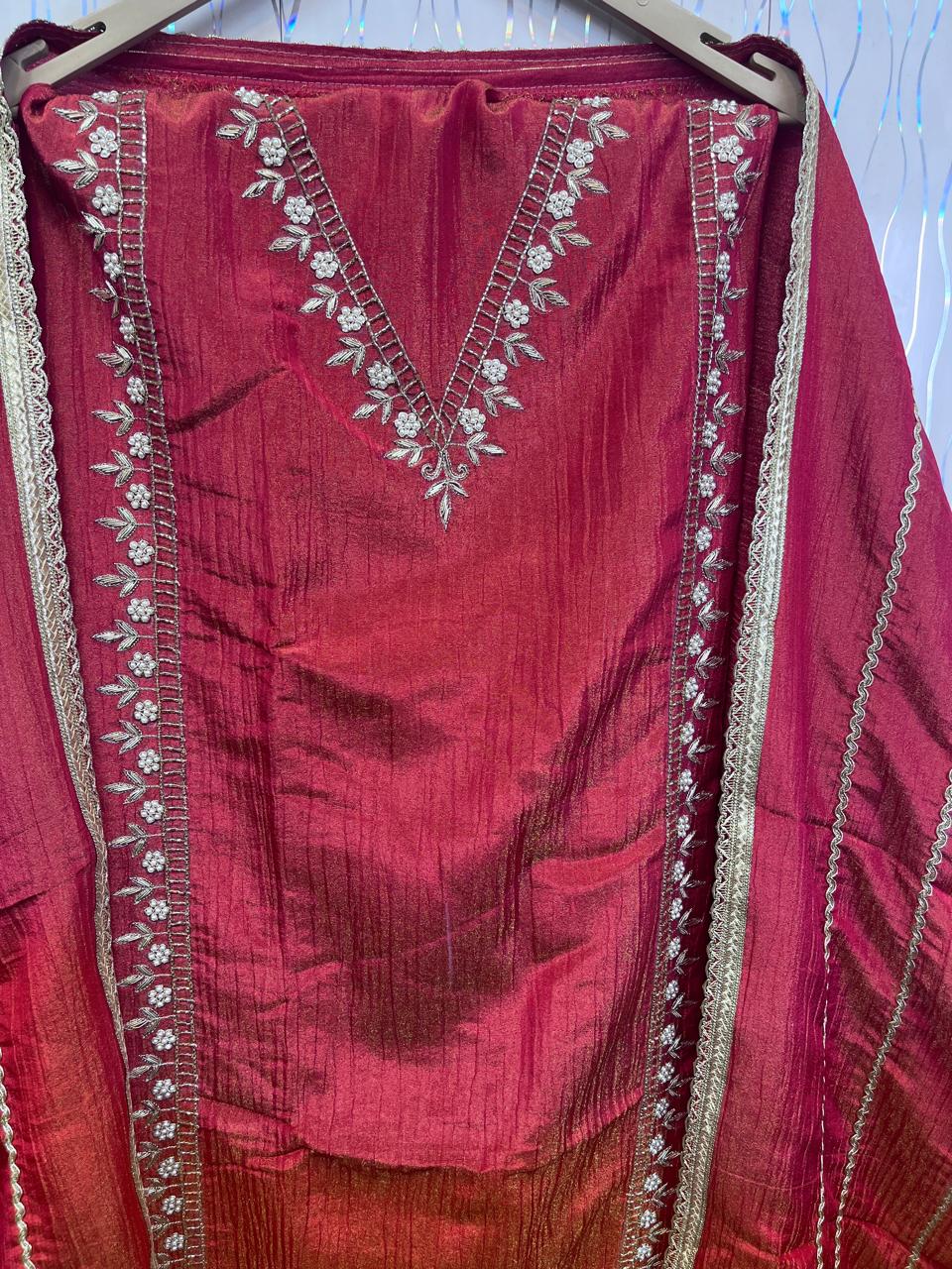 Rust Orange Shimmer Crush Suit | Natural Crape Bottom | Shimmer Dupatta | SK Fabric Designer Kadai Work KwbFashion