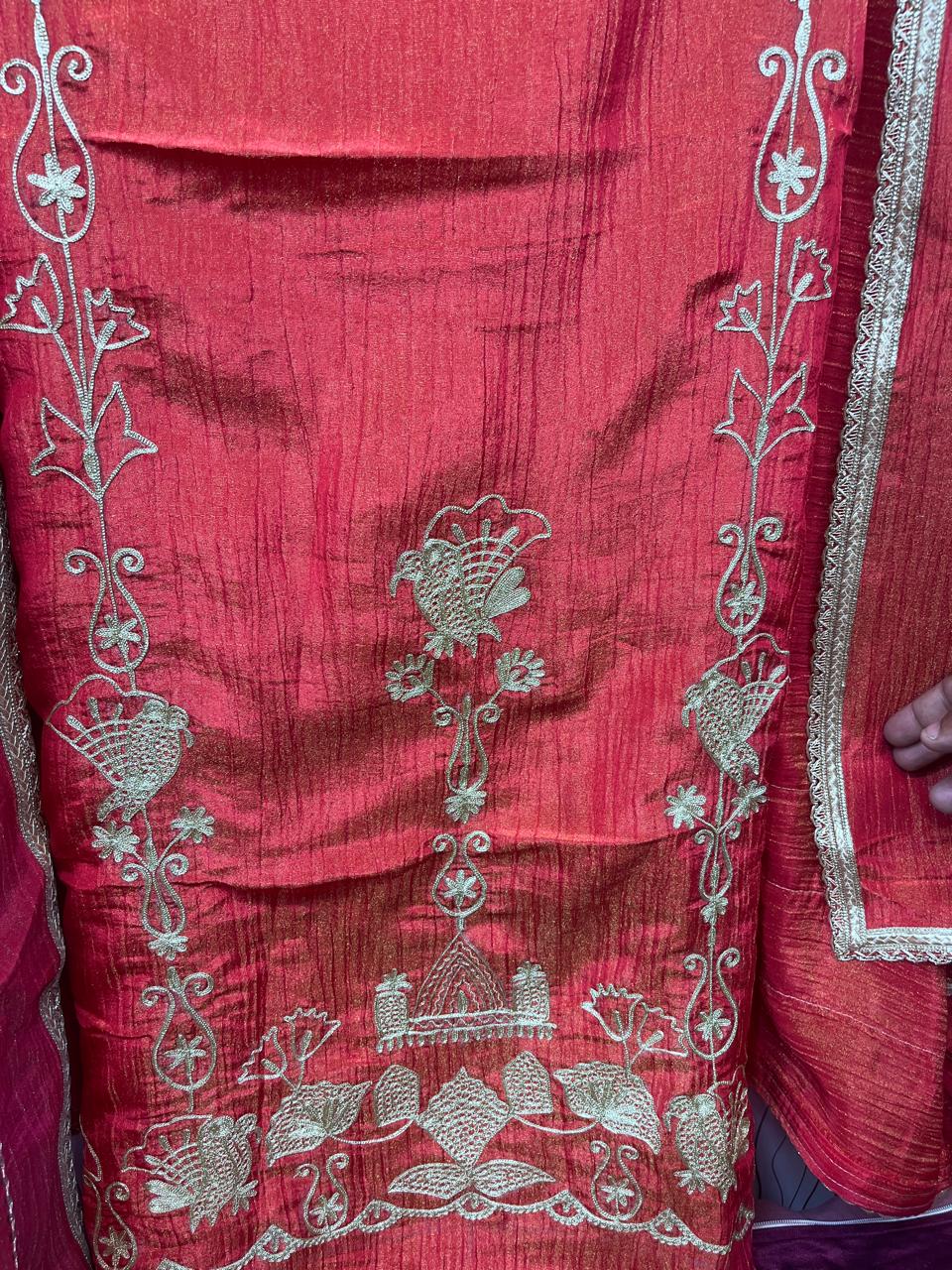 Rust Orange color | Shimmer Crush | Bottom Natural Crape | Dupatta Shimmer Fabric | fabric sk brand | Machine Aari Work KWB Fashion