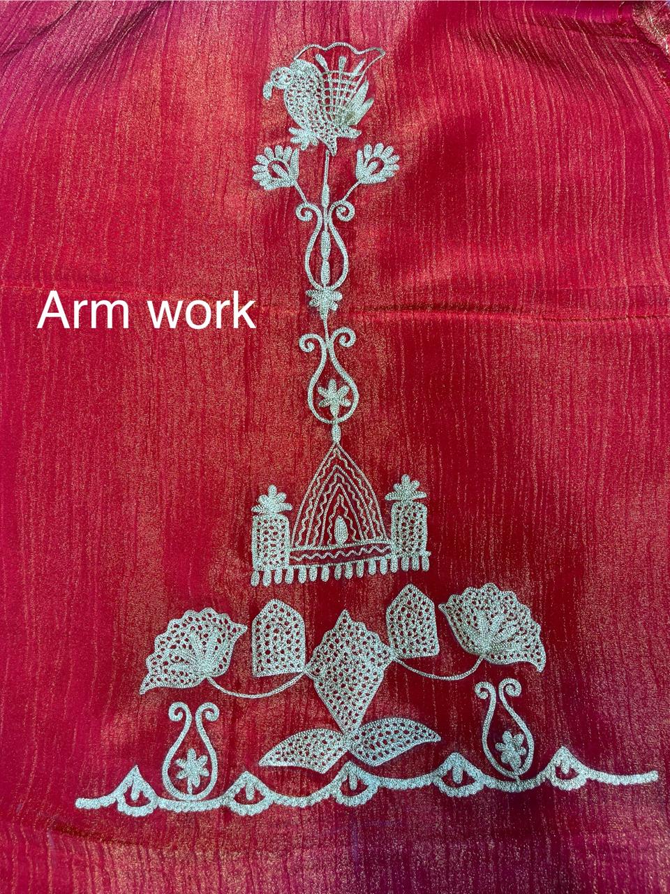 Rust Orange color | Shimmer Crush | Bottom Natural Crape | Dupatta Shimmer Fabric | fabric sk brand | Machine Aari Work KWB Fashion