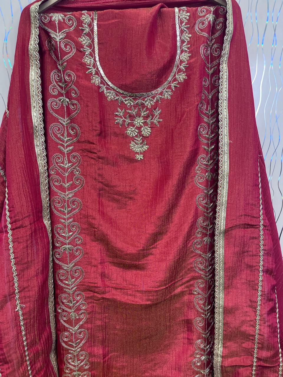 Rust Orange Shimmer Crush Suit | Natural Crape Bottom | Shimmer Dupatta | SK Fabric Designer Kadai Work KwbFashion