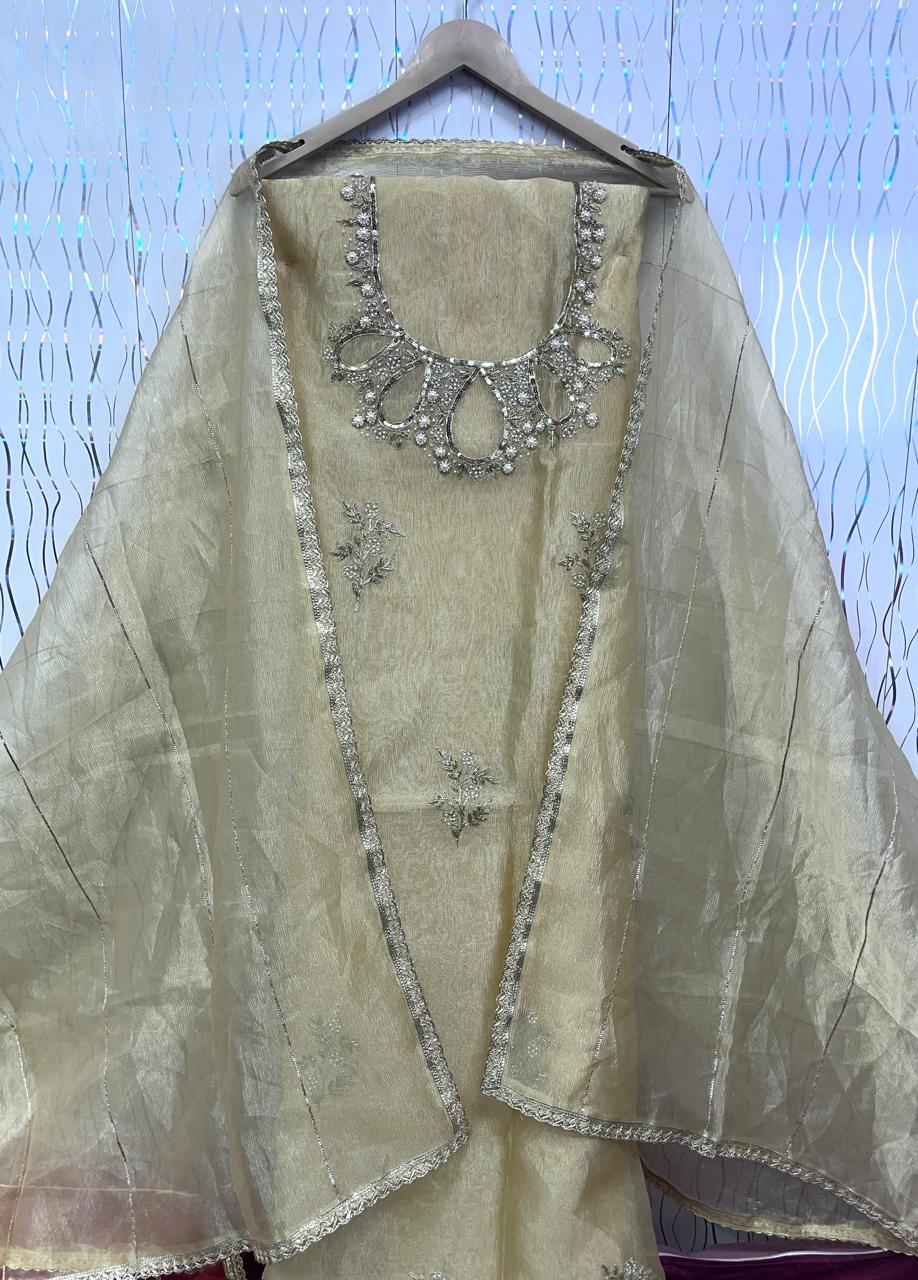 Golden Shimmer Crush Suit | Natural Crape Bottom | Shimmer Dupatta | SK Fabric Designer Kadai Work KwbFashion