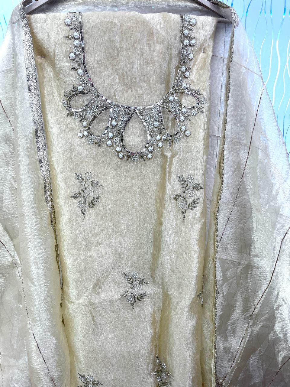 Golden Shimmer Crush Suit | Natural Crape Bottom | Shimmer Dupatta | SK Fabric Designer Kadai Work KwbFashion