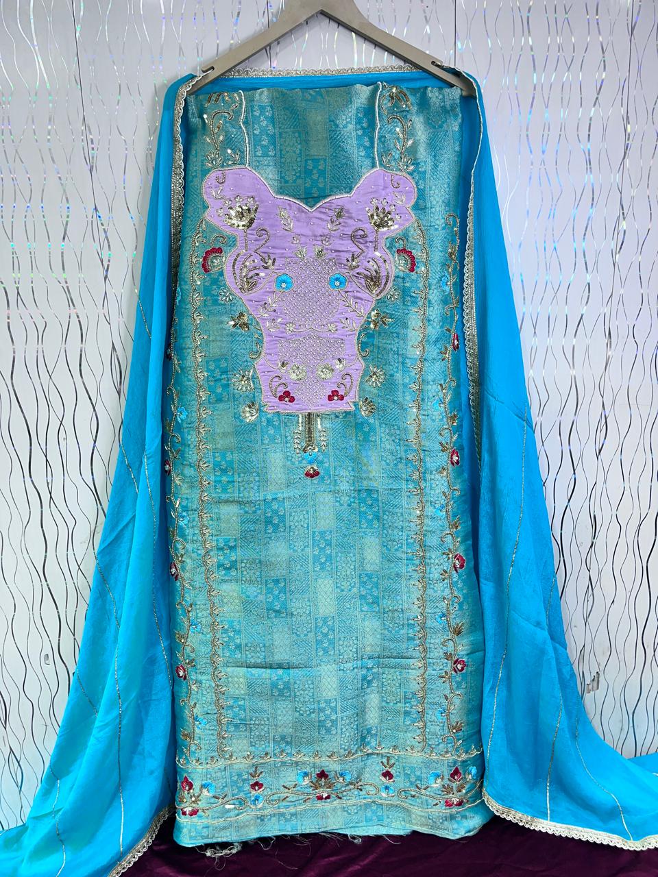 Sky Blue Khem Kan Brocket Suit | Natural Crape Bottom | Semi Chiffon Dupatta | Full Handwork | Designer SK Fabric KWB Fashion