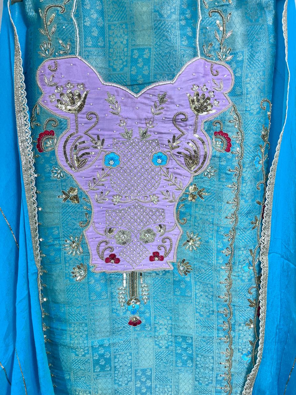 Sky Blue Khem Kan Brocket Suit | Natural Crape Bottom | Semi Chiffon Dupatta | Full Handwork | Designer SK Fabric KWB Fashion