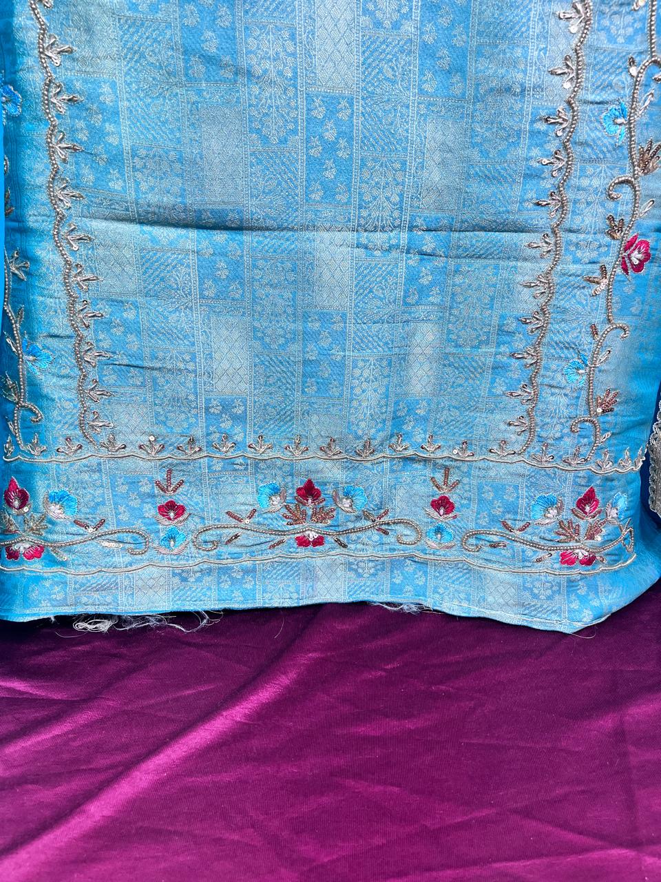 Sky Blue Khem Kan Brocket Suit | Natural Crape Bottom | Semi Chiffon Dupatta | Full Handwork | Designer SK Fabric KWB Fashion