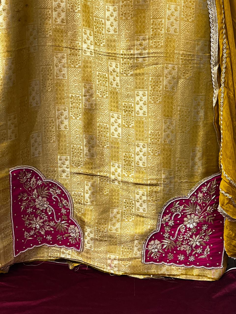 Yellow Khem Kan Brocket Suit | Natural Crape Bottom | Semi Chiffon Dupatta | Full Handwork | Designer SK Fabric KwbFashion