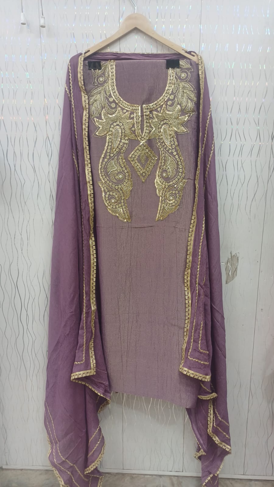 Shimmer Crush Fabric Full Suit | Puthi Dori Handwork | Bottom & Dupatta Included | SK Fabric KWB Fashion